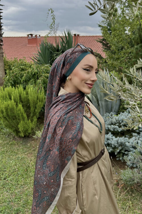 Softtime Flare Desen Yeşil/Kahve - Camellia Scarfs