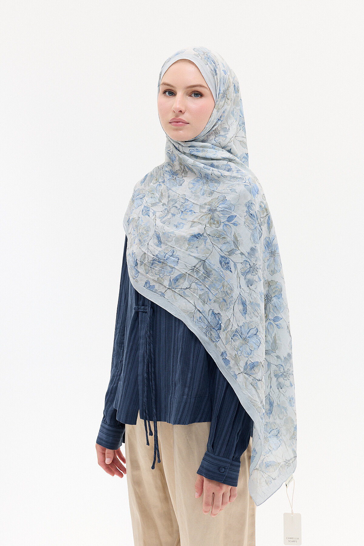Suluboya Desen Kraş Şal - Gri-Mavi - Camellia Scarfs (1)