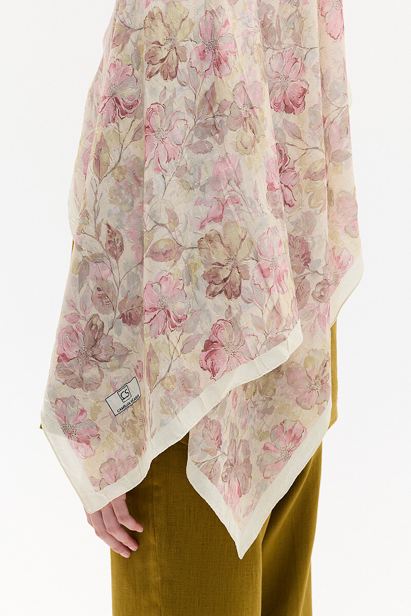 Suluboya Desen Kraş Şal - Pembe-Krem - 3