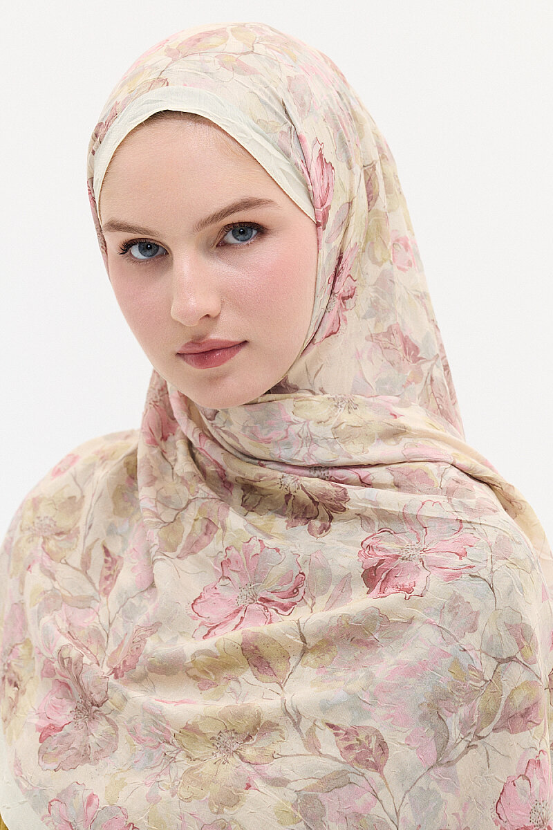 Suluboya Desen Kraş Şal - Pembe-Krem - 4