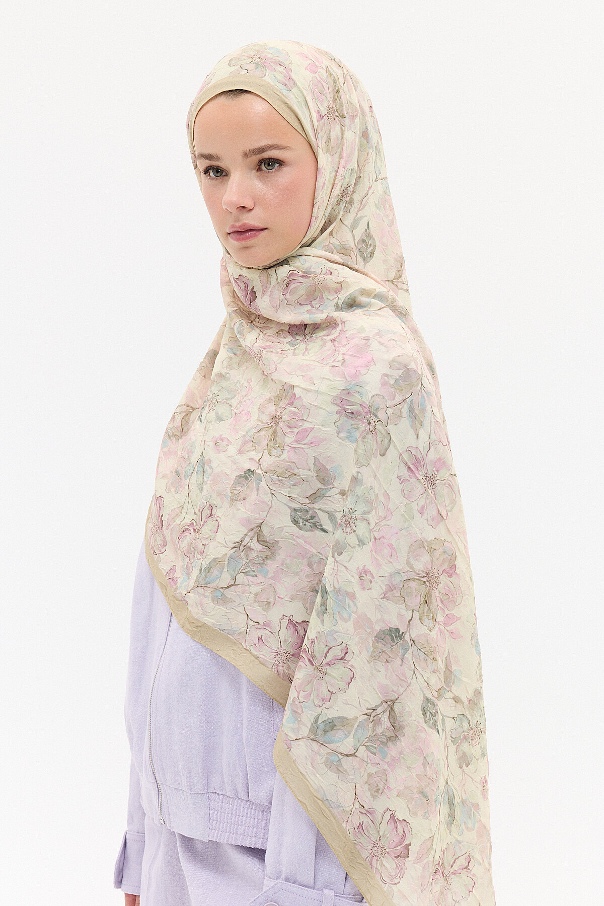 Suluboya Desen Kraş Şal - Pembe-Yeşil - Camellia Scarfs (1)
