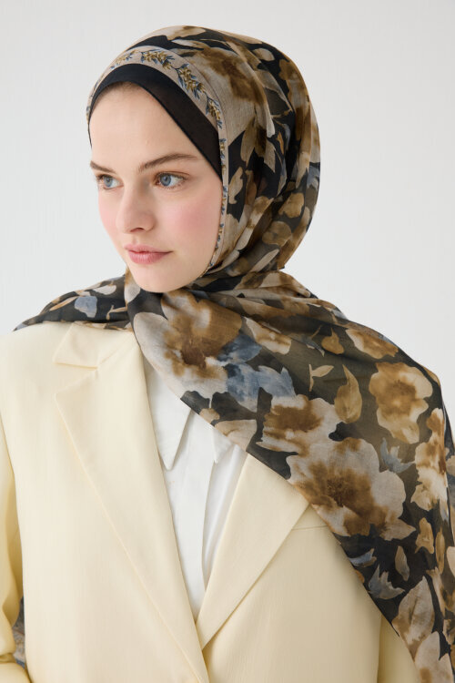 Tokyo Soft Pamuk Şal - Siyah-Bej - Camellia Scarfs (1)