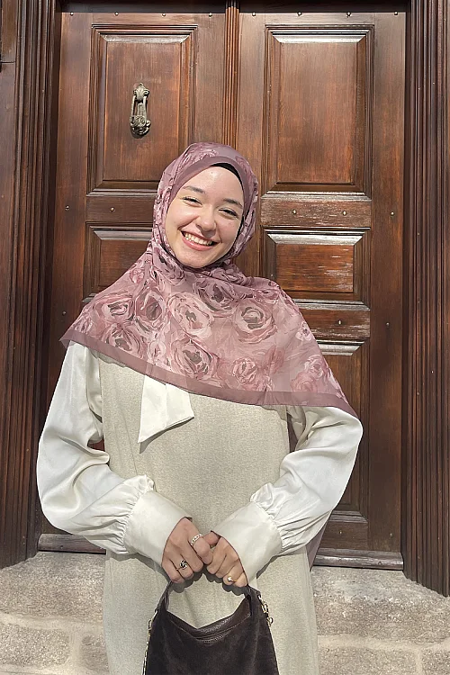 Valeria İpek Krep Şal - Gül - Camellia Scarfs (1)