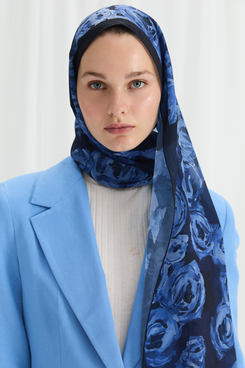 Valeria İpek Krep Şal - Lacivert - 4