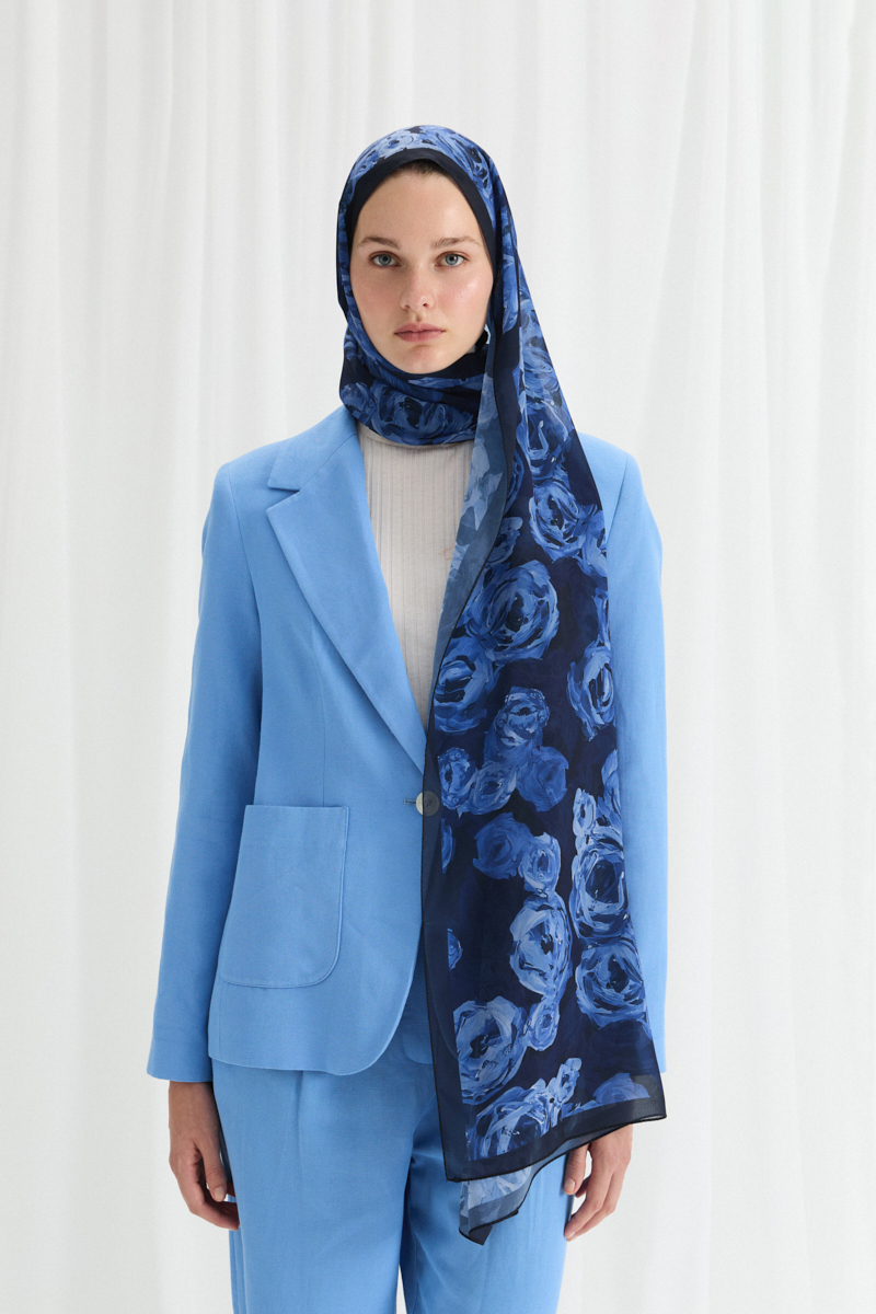 Valeria İpek Krep Şal - Lacivert - 1