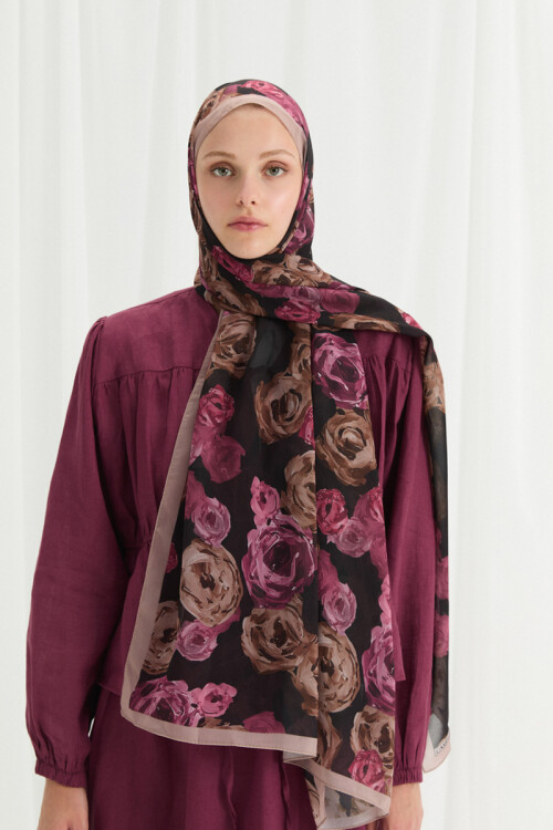 Valeria İpek Krep Şal - Pembe-Kahve - Camellia Scarfs