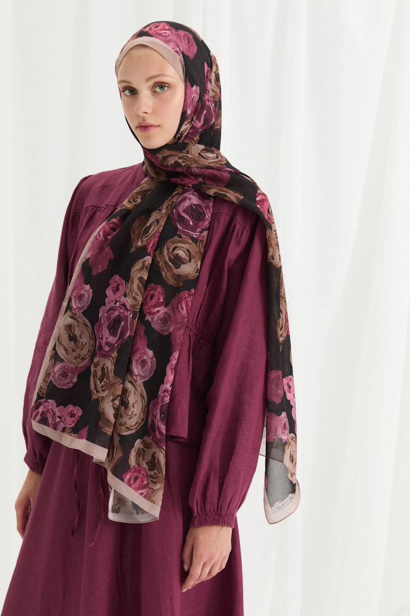 Valeria İpek Krep Şal - Pembe-Kahve - 2