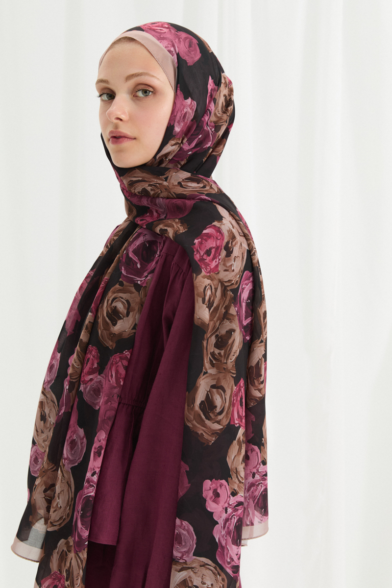 Valeria İpek Krep Şal - Pembe-Kahve - 3