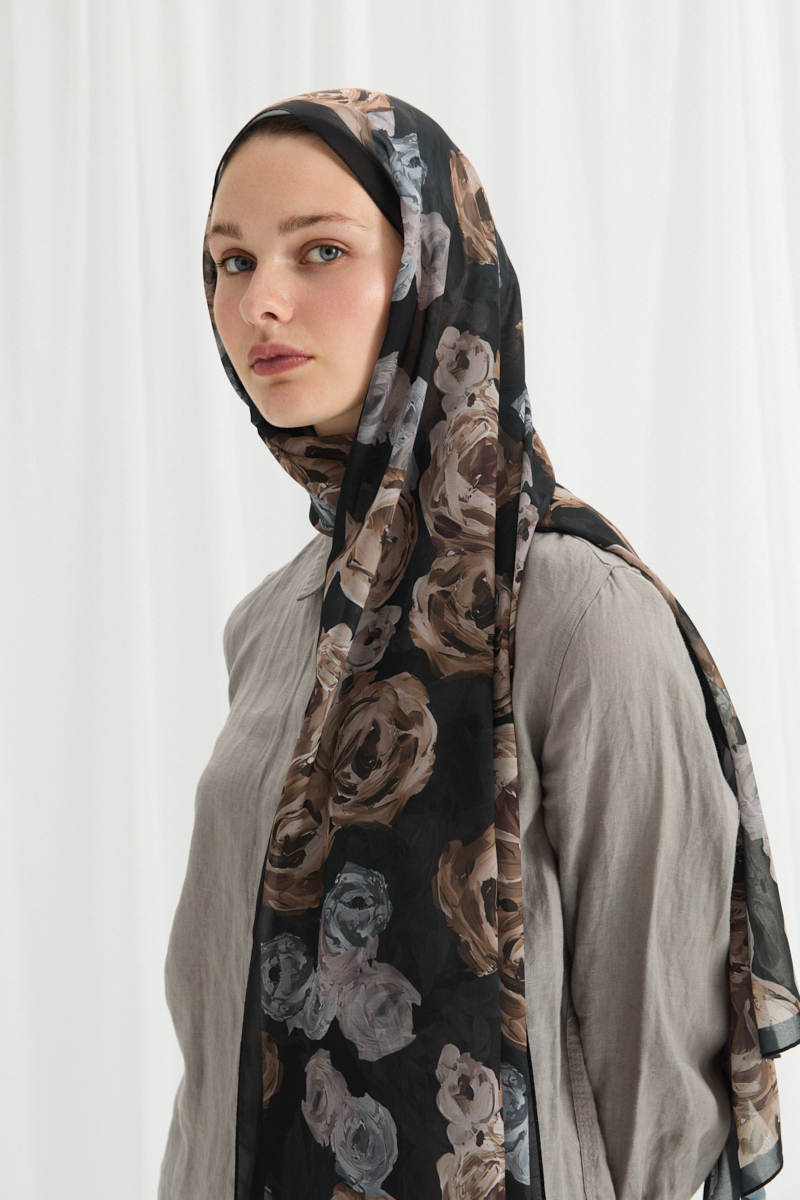 Valeria İpek Krep Şal - Siyah-Bej - 4