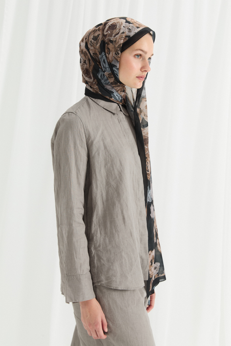 Valeria İpek Krep Şal - Siyah-Bej - 3