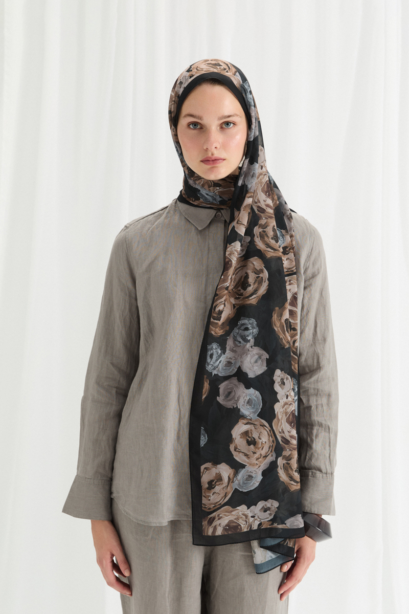 Valeria İpek Krep Şal - Siyah-Bej - 1