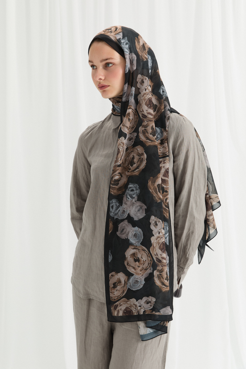 Valeria İpek Krep Şal - Siyah-Bej - 2