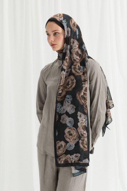 Valeria İpek Krep Şal - Siyah-Bej - Camellia Scarfs (1)