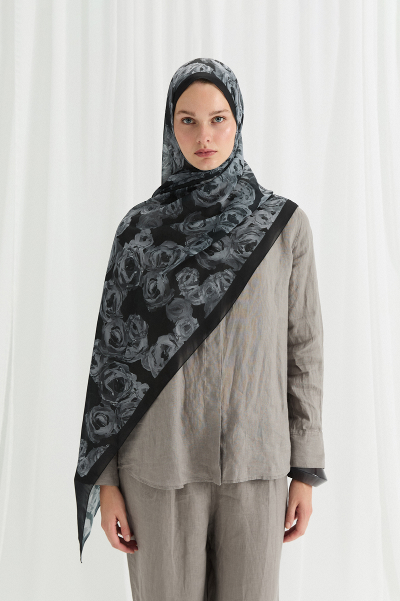 Valeria İpek Krep Şal - Siyah - 1