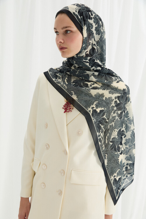 Viena İpek Krep Şal - Lacivert Beyaz - Camellia Scarfs
