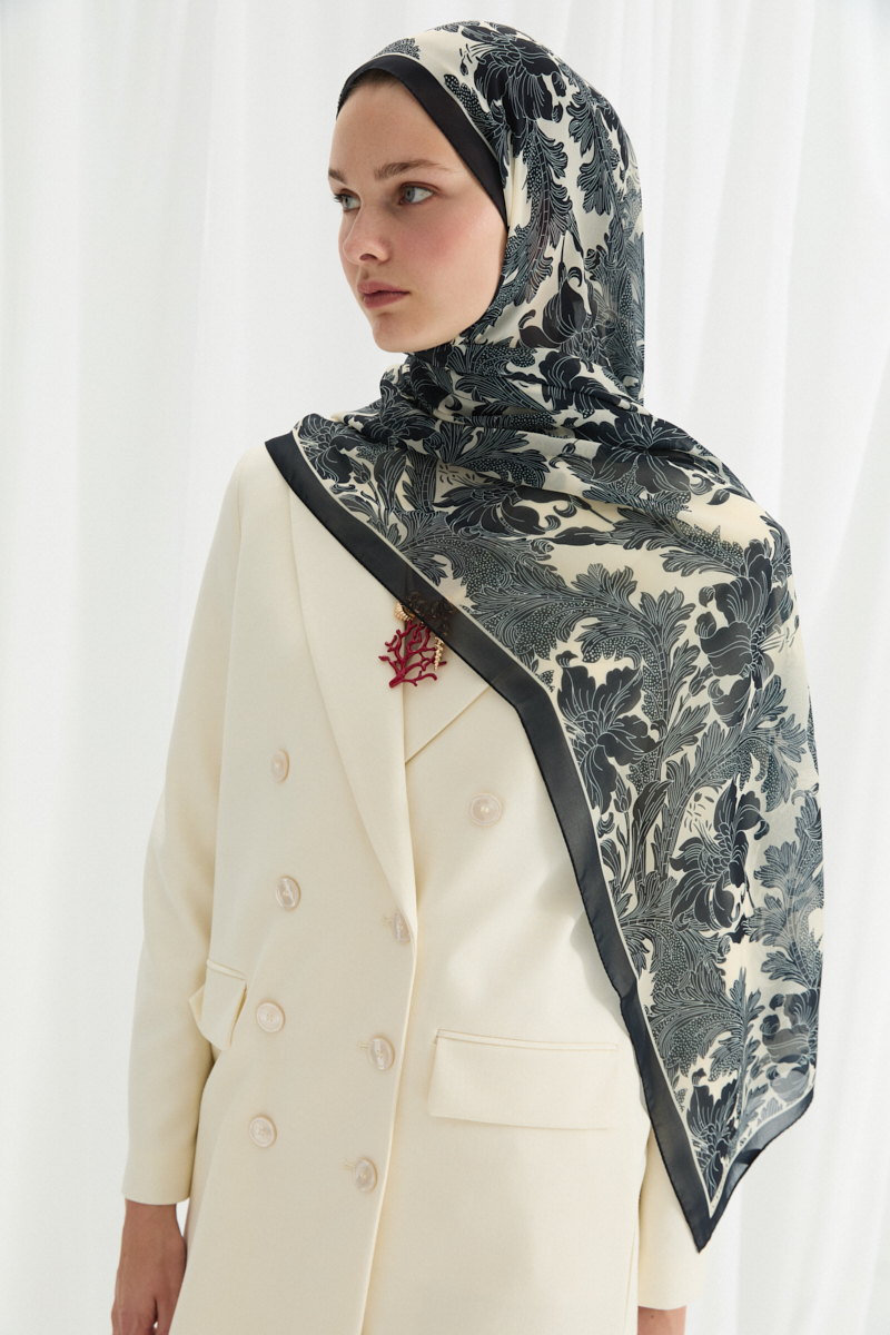 Viena İpek Krep Şal - Lacivert Beyaz - 1