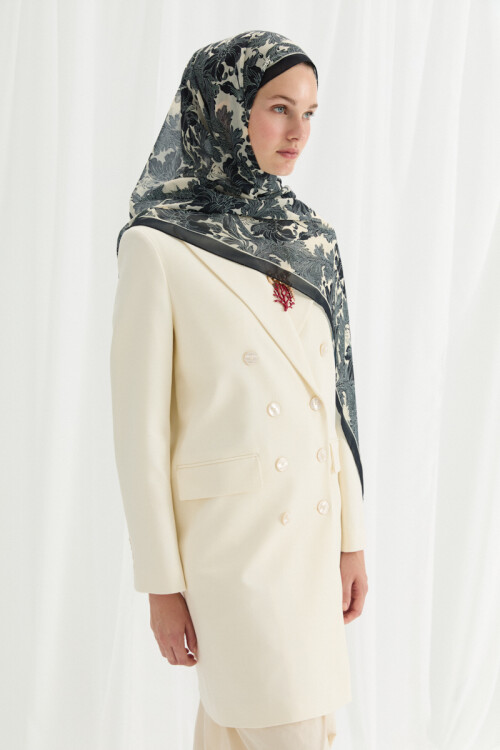 Viena İpek Krep Şal - Lacivert Beyaz - Camellia Scarfs (1)