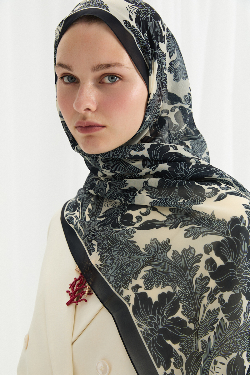 Viena İpek Krep Şal - Lacivert Beyaz - 3