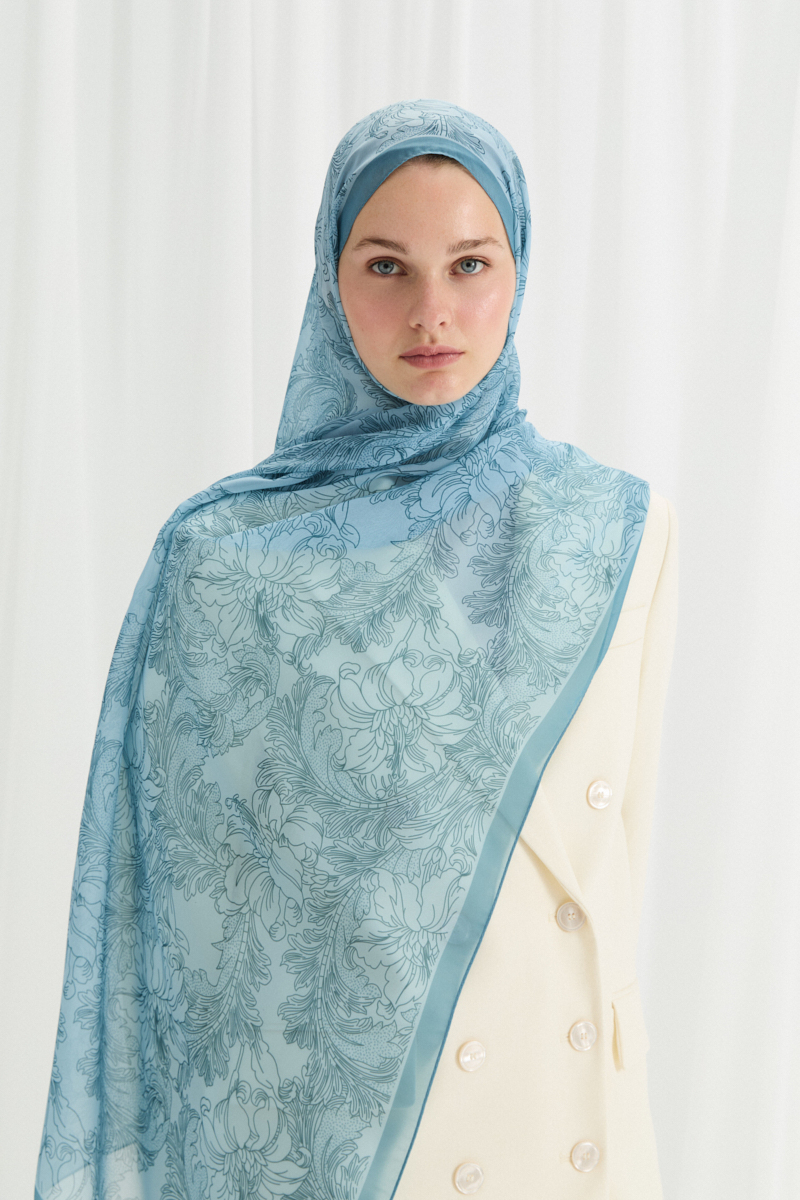 Viena İpek Krep Şal - Mavi - 3