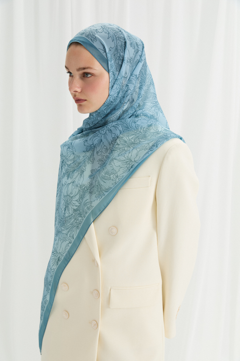 Viena İpek Krep Şal - Mavi - 4