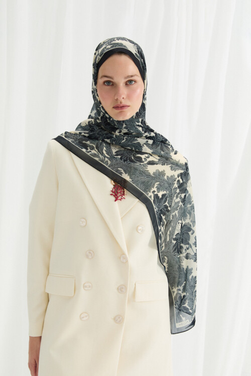 Viena İpek Krep Şal - Siyah - Krem - Camellia Scarfs