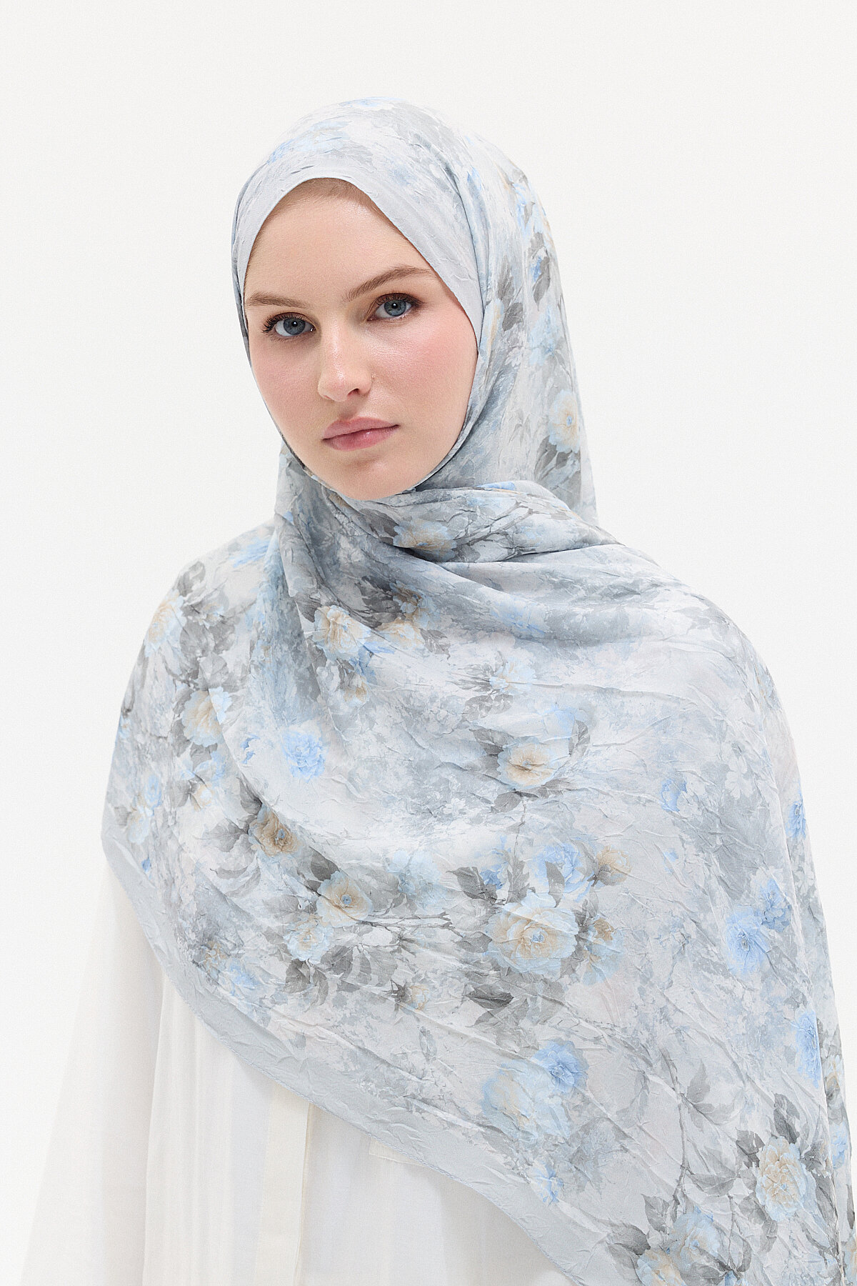 Vintage Çiçek Desen Kraş Şal - Gri - Camellia Scarfs (1)