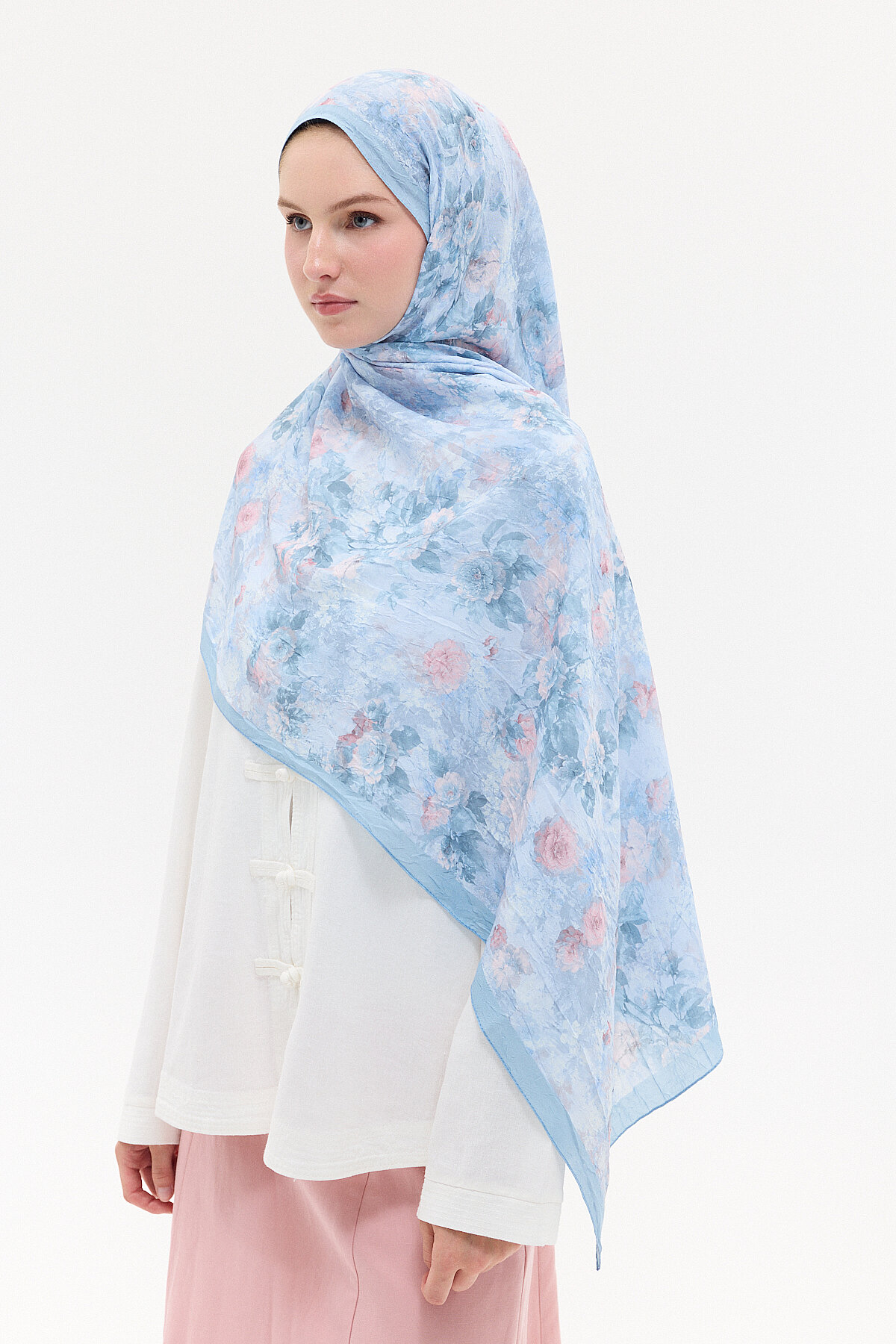 Vintage Çiçek Desen Kraş Şal - Mavi-Pembe - Camellia Scarfs (1)