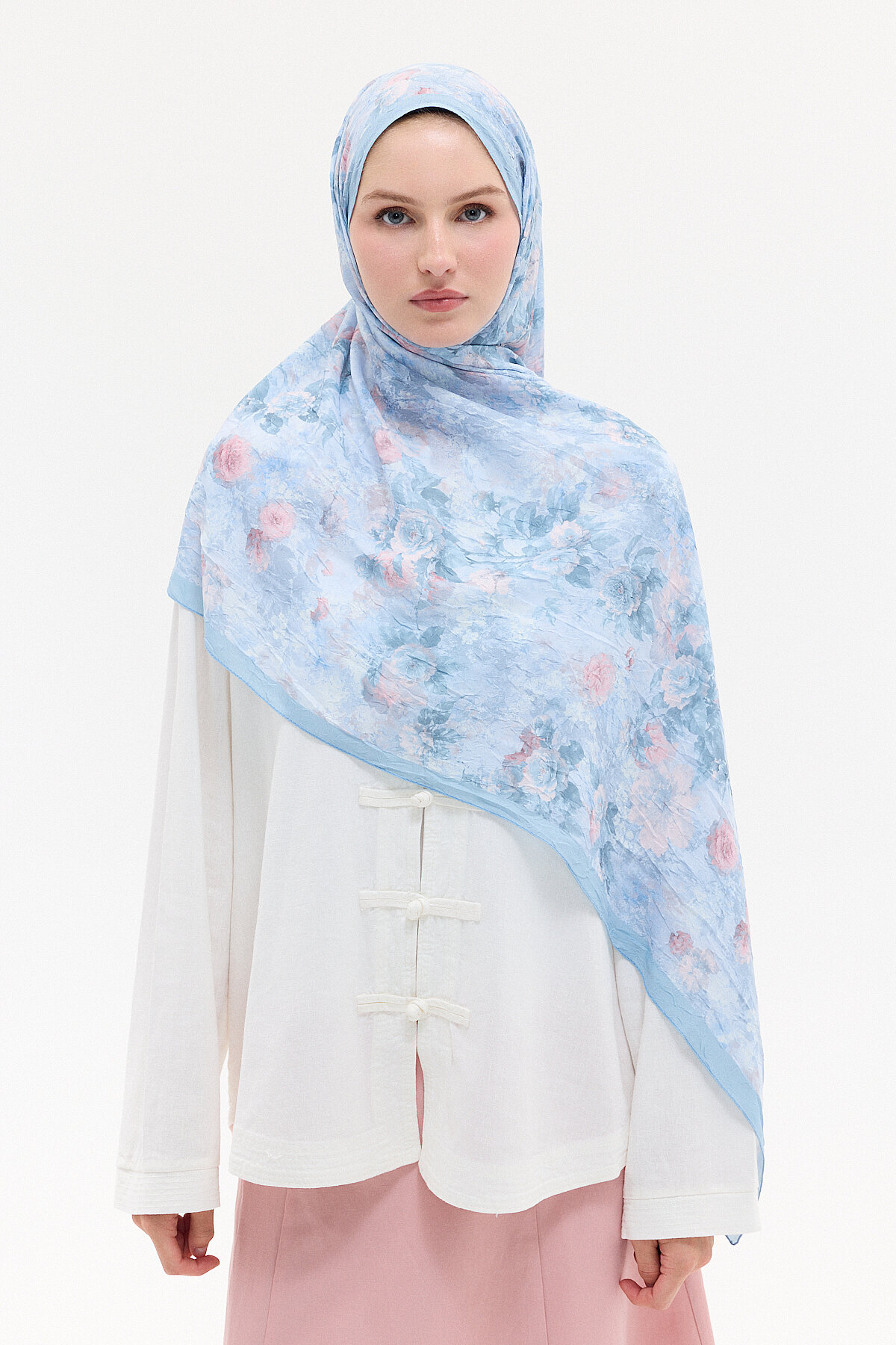 Vintage Çiçek Desen Kraş Şal - Mavi-Pembe - Camellia Scarfs