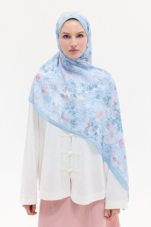Vintage Çiçek Desen Kraş Şal - Mavi-Pembe - Camellia Scarfs