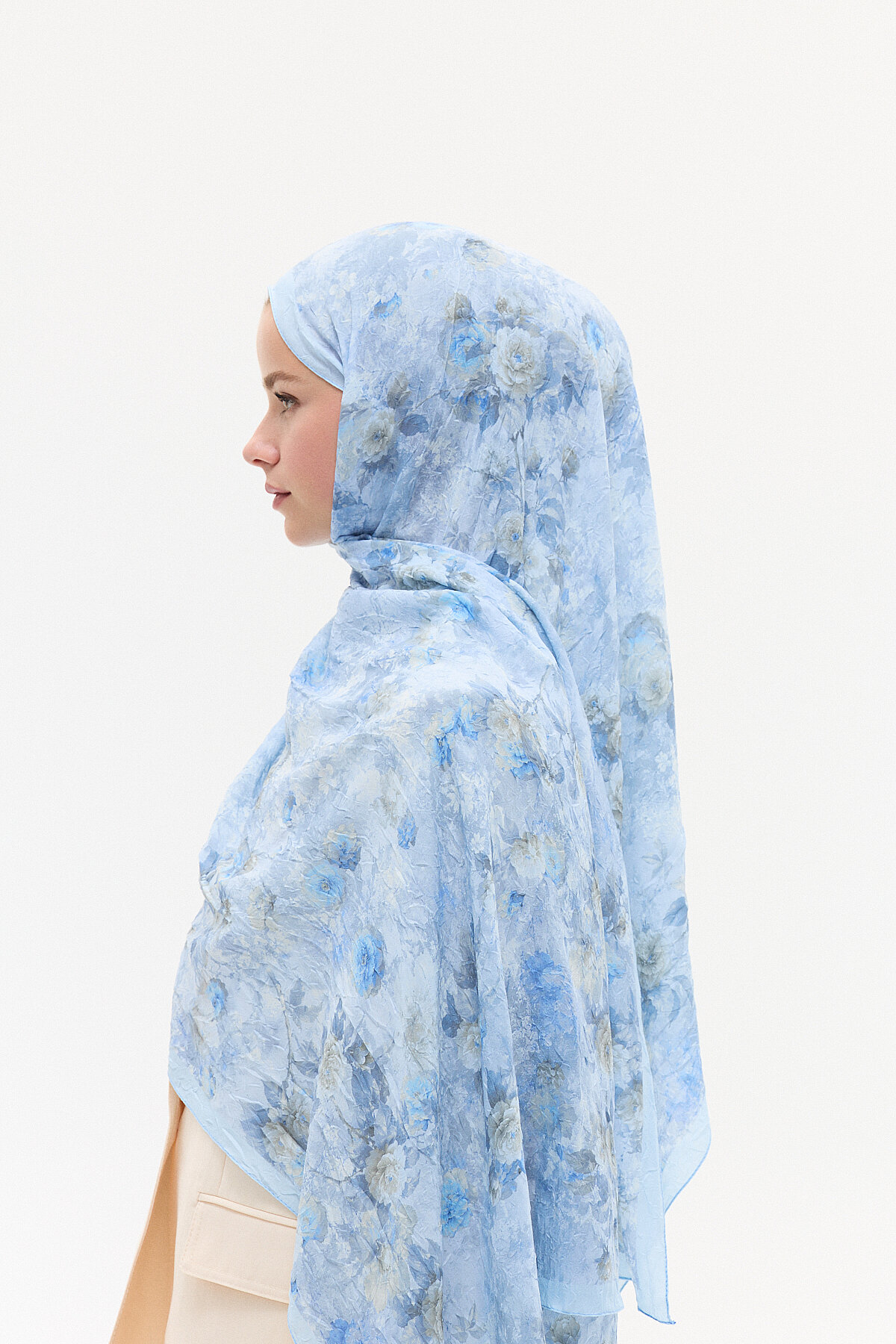 Vintage Çiçek Desen Kraş Şal - Mavi - Camellia Scarfs (1)