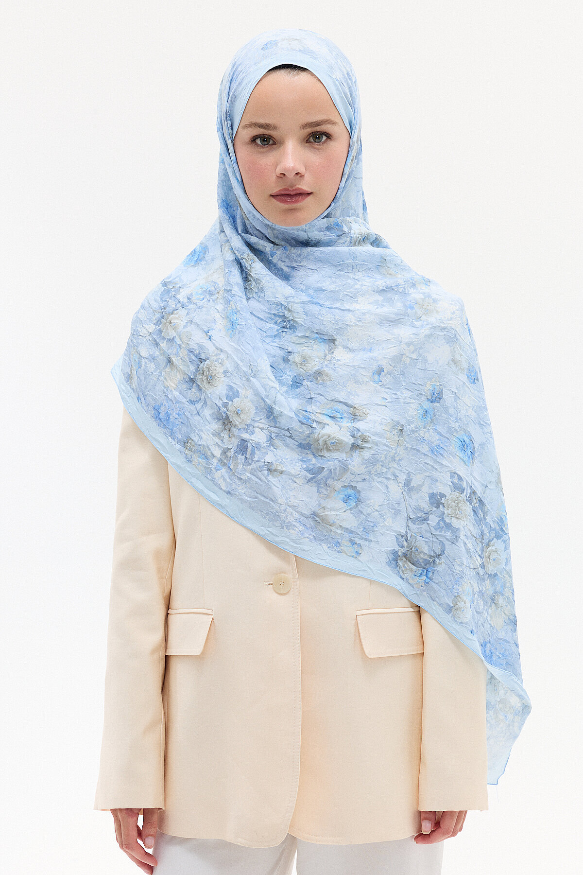 Vintage Çiçek Desen Kraş Şal - Mavi - Camellia Scarfs