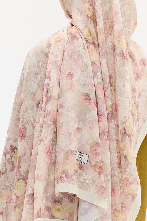Vintage Çiçek Desen Kraş Şal - Pembe-Sarı - Camellia Scarfs (1)