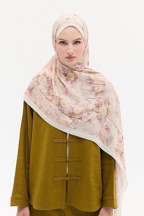 Vintage Çiçek Desen Kraş Şal - Pembe-Sarı - Camellia Scarfs