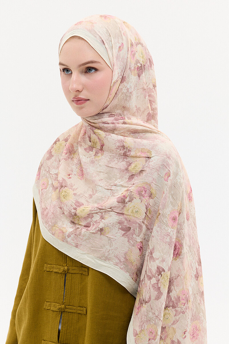 Vintage Çiçek Desen Kraş Şal - Pembe-Sarı - 3