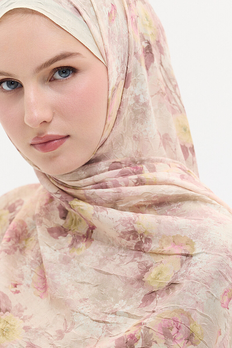 Vintage Çiçek Desen Kraş Şal - Pembe-Sarı - 4