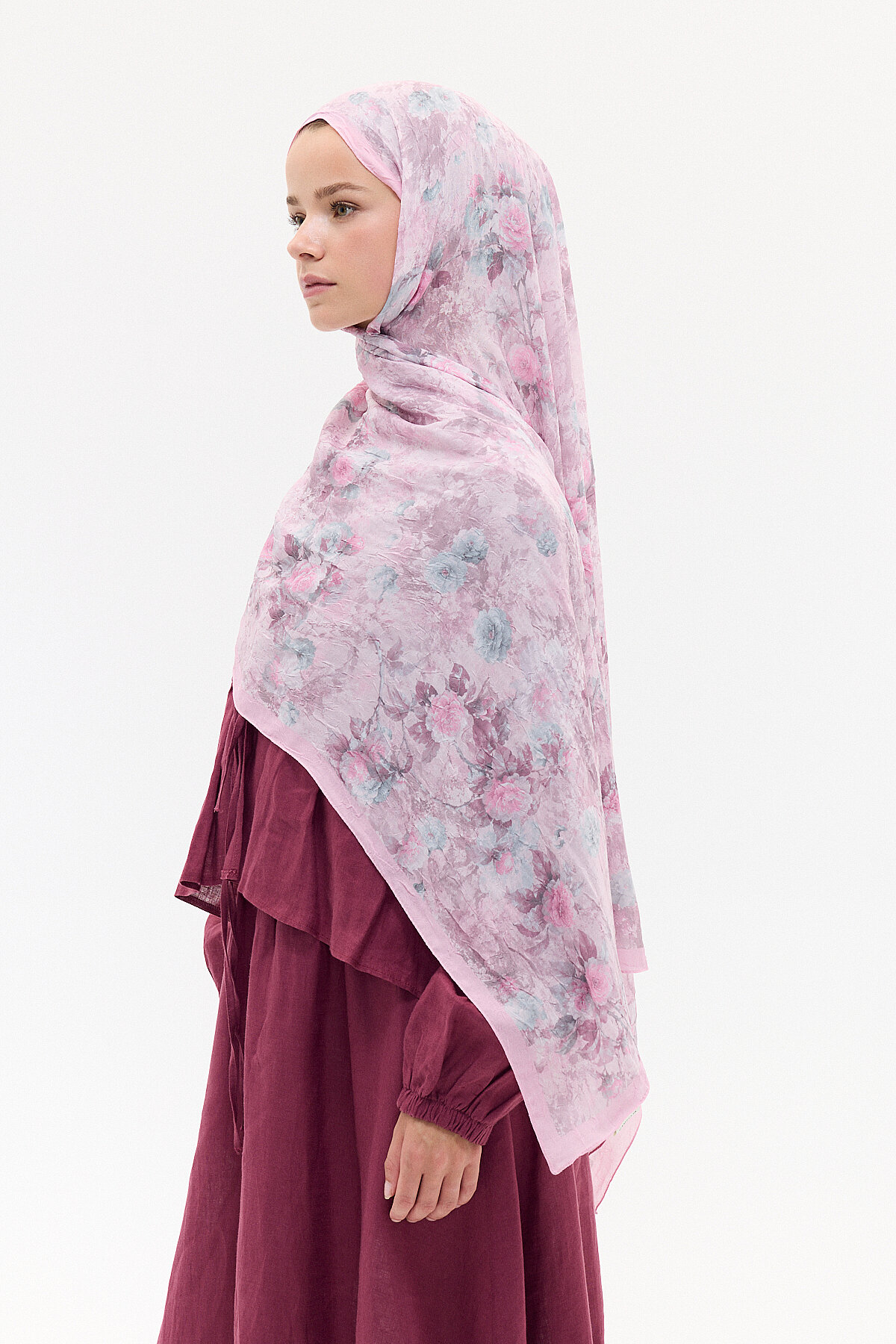 Vintage Çiçek Desen Kraş Şal - Pembe - Camellia Scarfs (1)