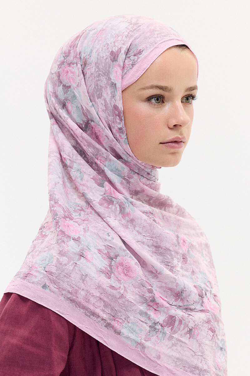 Vintage Çiçek Desen Kraş Şal - Pembe - 3
