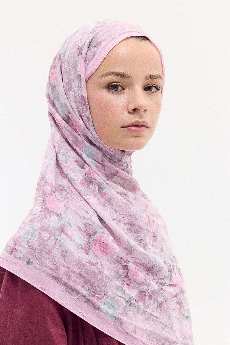 Vintage Çiçek Desen Kraş Şal - Pembe - 4