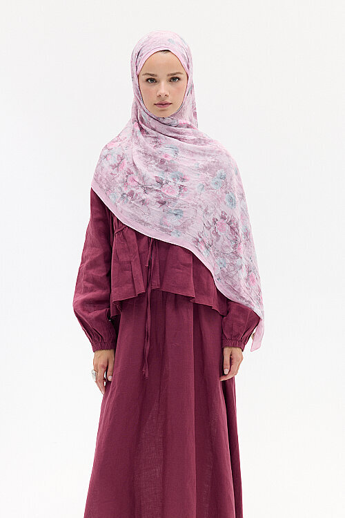Vintage Çiçek Desen Kraş Şal - Pembe - Camellia Scarfs