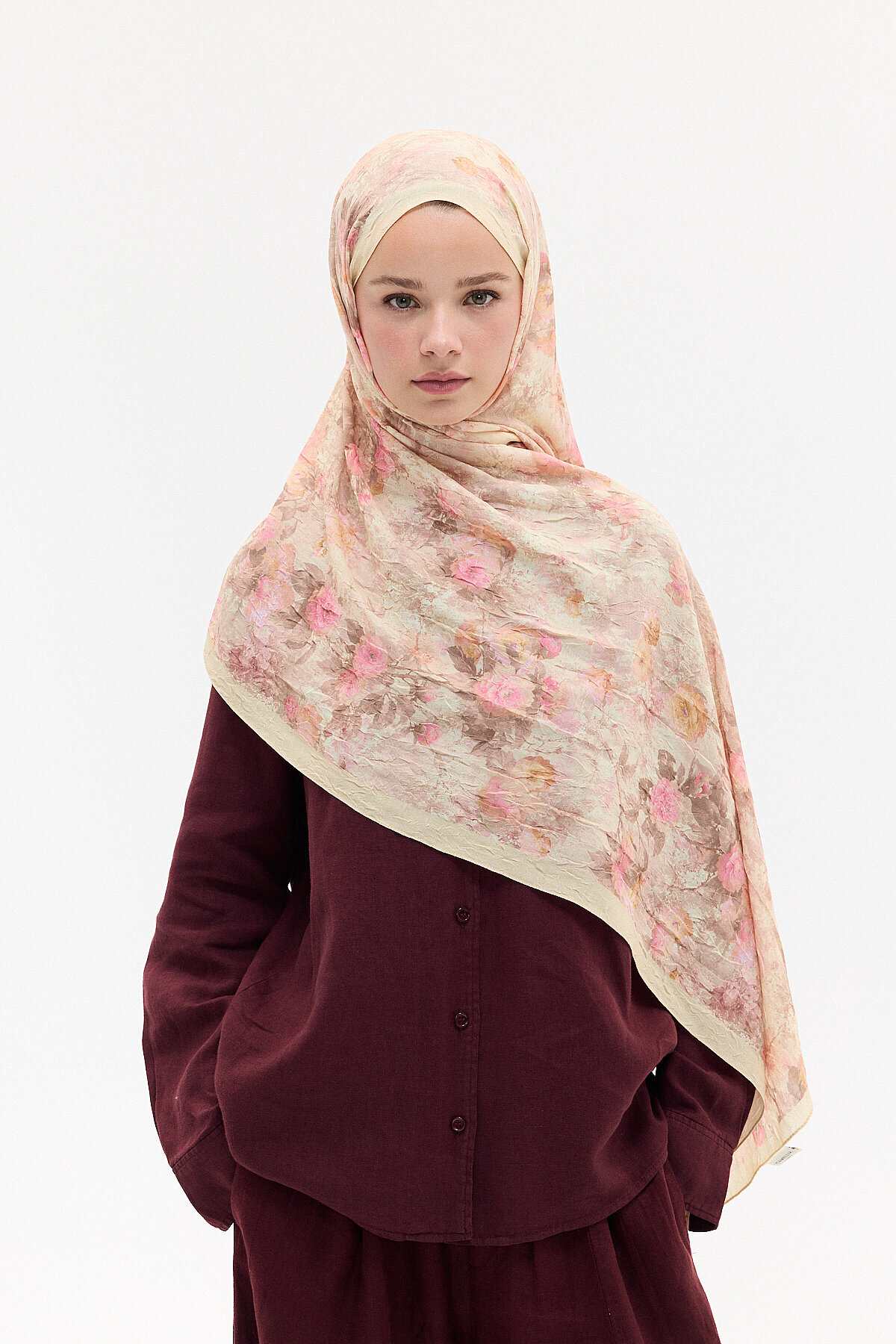 Vintage Çiçek Desen Kraş Şal - Pudra - Camellia Scarfs
