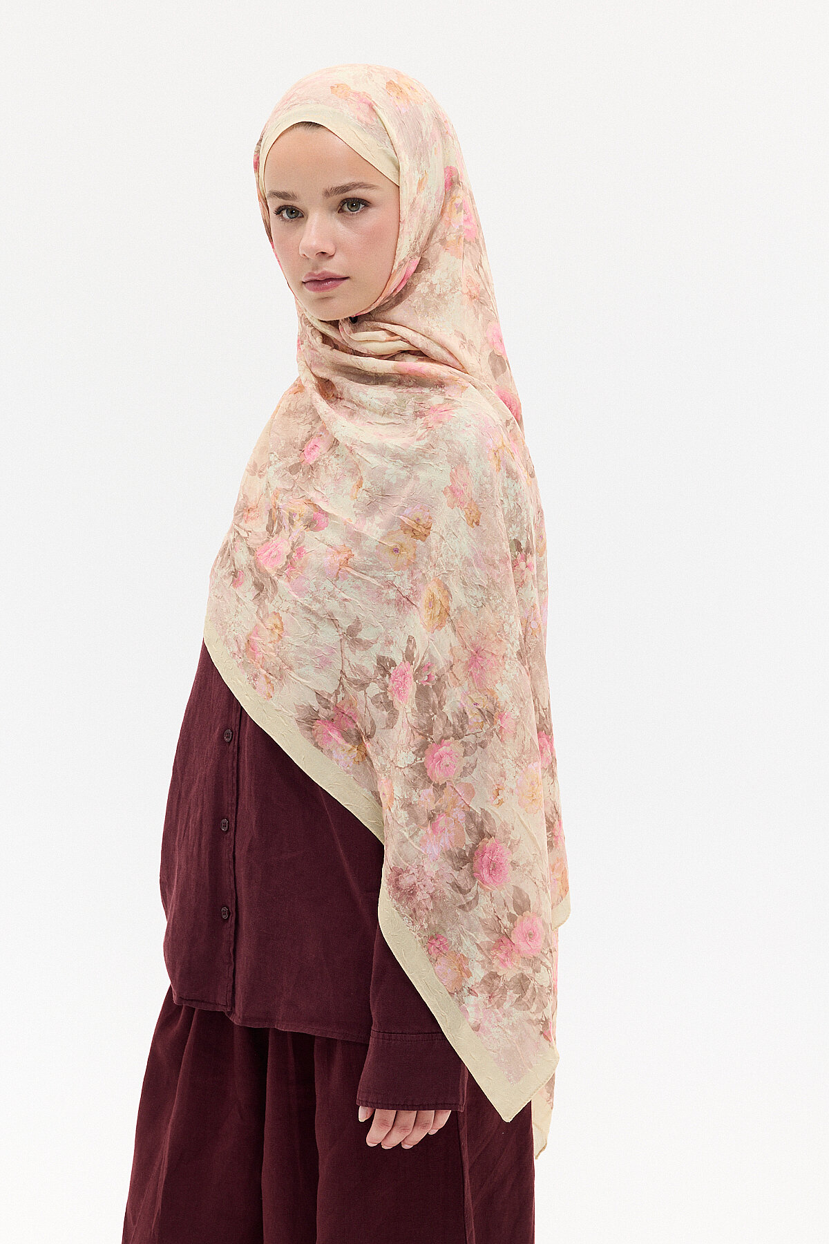 Vintage Çiçek Desen Kraş Şal - Pudra - Camellia Scarfs (1)