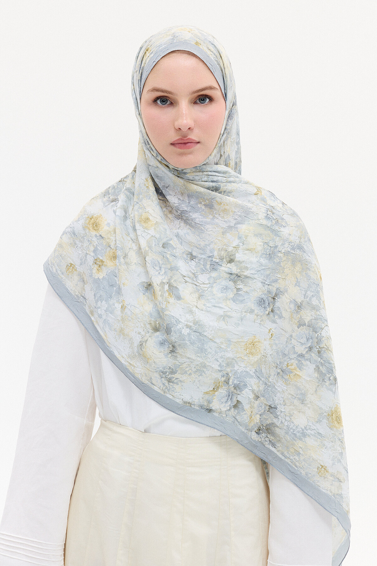 Vintage Çiçek Desen Kraş Şal - Sarı-Gri - Camellia Scarfs