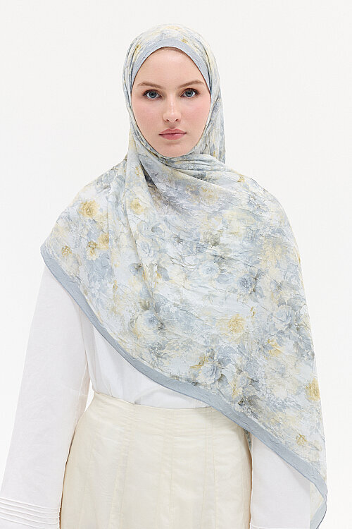 Vintage Çiçek Desen Kraş Şal - Sarı-Gri - Camellia Scarfs