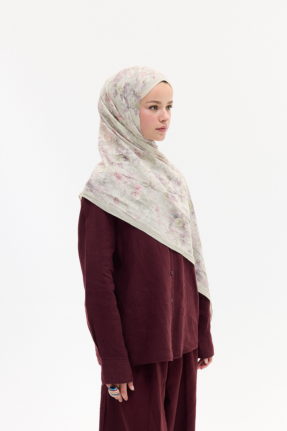 Vintage Çiçek Desen Kraş Şal - Taş - Camellia Scarfs (1)
