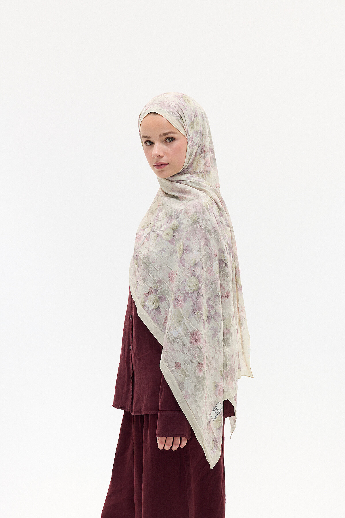 Vintage Çiçek Desen Kraş Şal - Taş - Camellia Scarfs