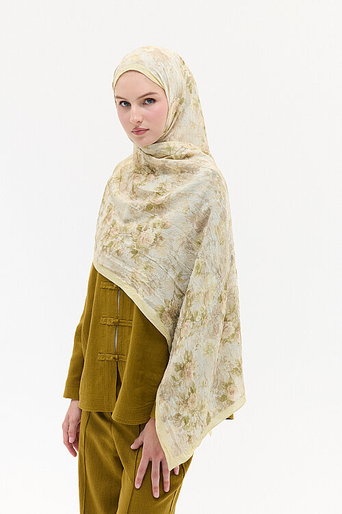 Vintage Çiçek Desen Kraş Şal - Tereyağ Sarısı - Camellia Scarfs