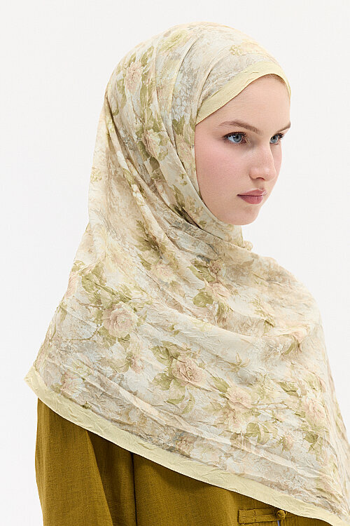 Vintage Çiçek Desen Kraş Şal - Tereyağ Sarısı - Camellia Scarfs (1)