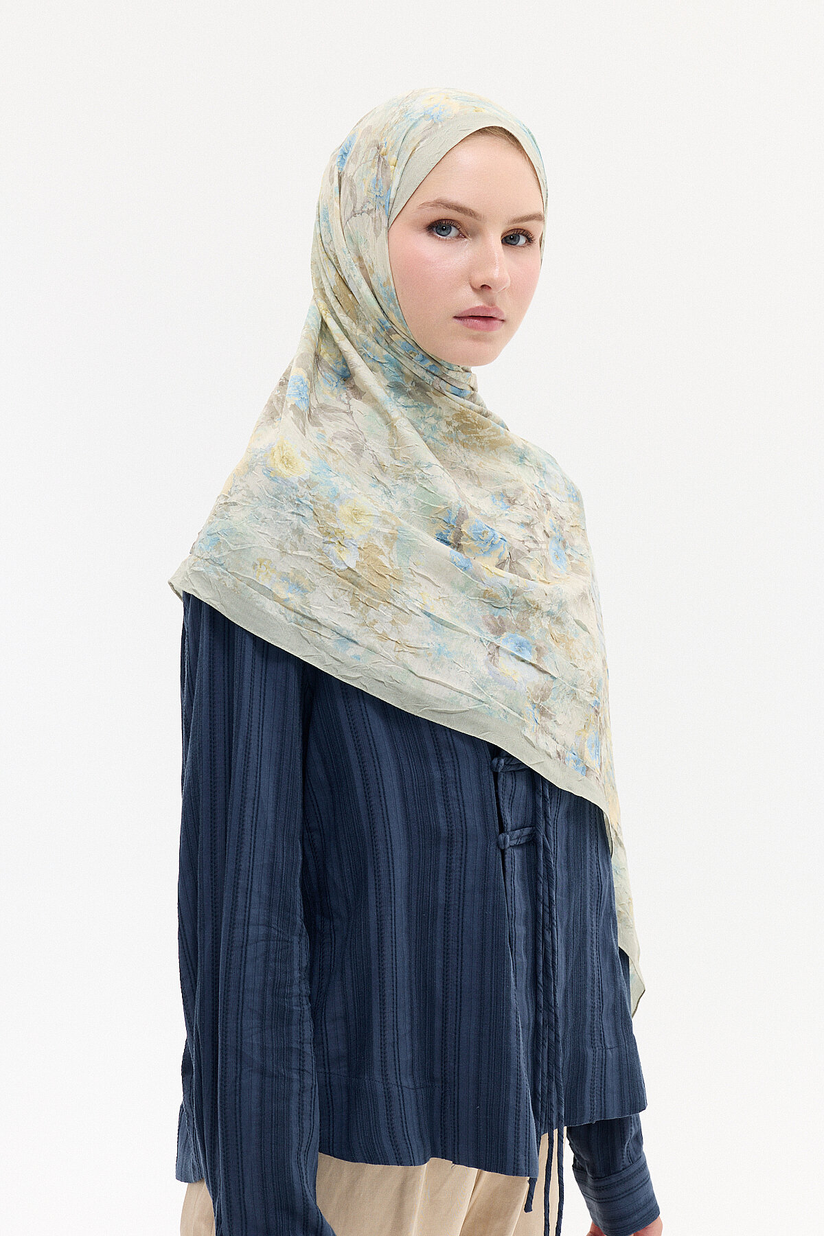 Vintage Çiçek Desen Kraş Şal - Yeşil - Camellia Scarfs (1)