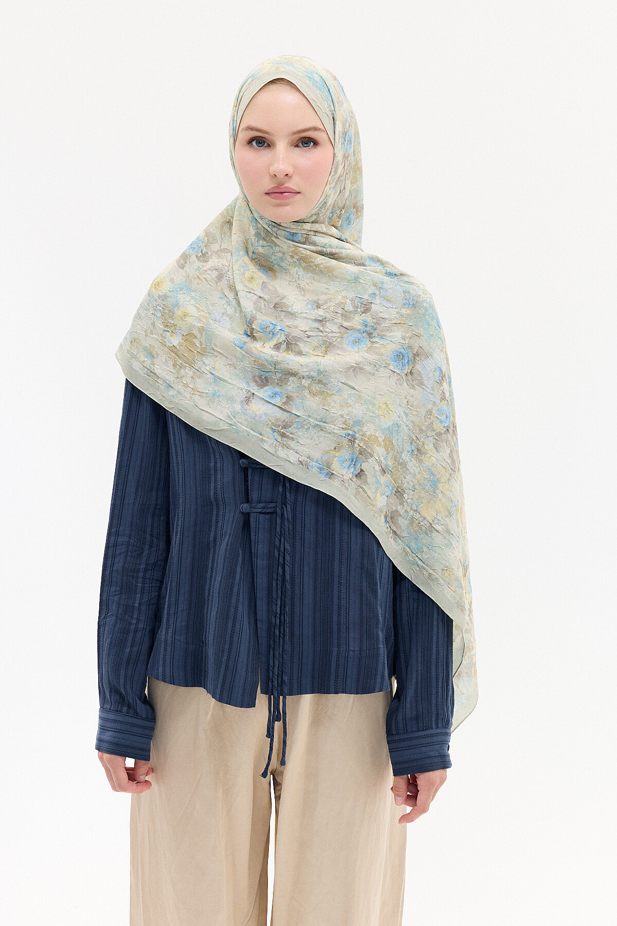 Vintage Çiçek Desen Kraş Şal - Yeşil - Camellia Scarfs