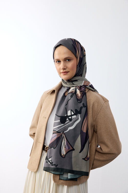 Watercolor Desen Soft Şal - Haki - Camellia Scarfs (1)